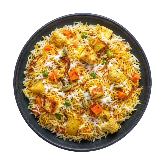 Vegetable biryani, plated