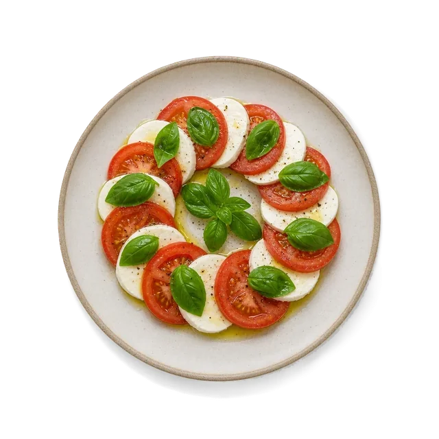 Insalata Caprese on stoneware bowl with Basil, mozzarella, Olive Oil