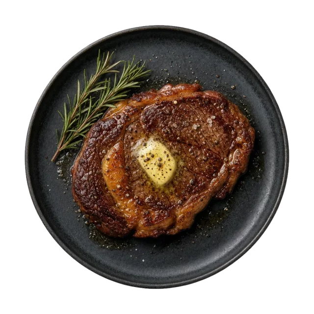 Ribeye steak, plated