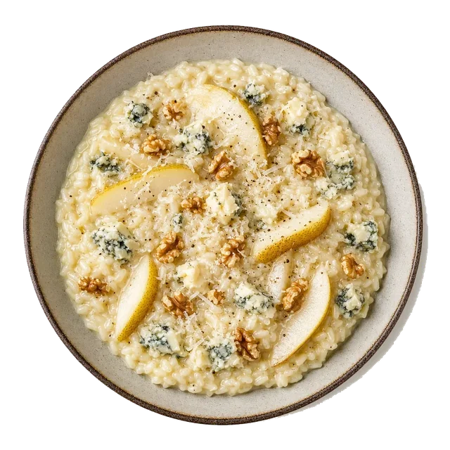 Gorgonzola, pear, and walnut risotto, plated