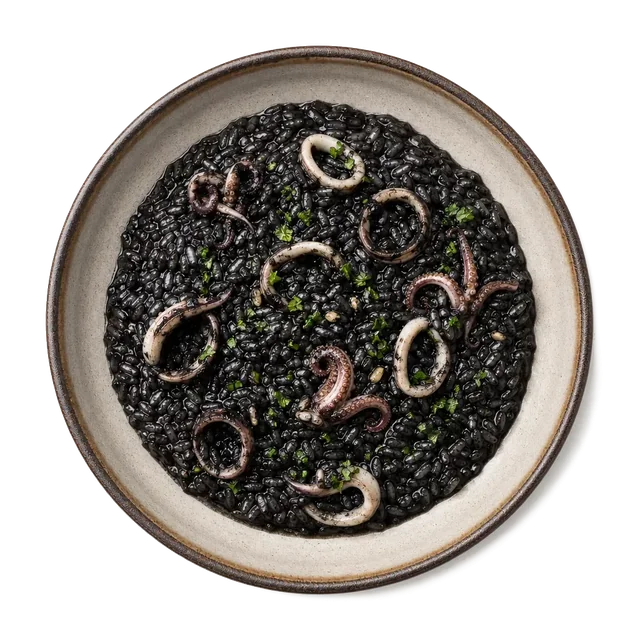 Squid ink risotto, plated