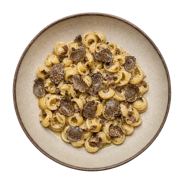 Lumachine alle Schegginese on stoneware bowl with Anchovy, Black Truffle, Butter