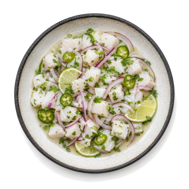 Ceviche plated with cod, lime, onion