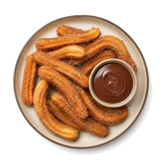 Churros plated with flour, sugar, cinnamon