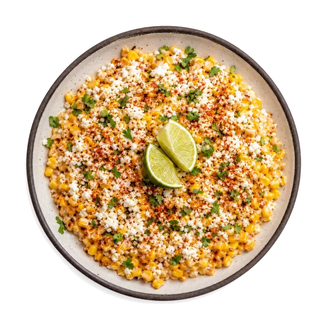 Elote plated with corn, cream, queso fresco