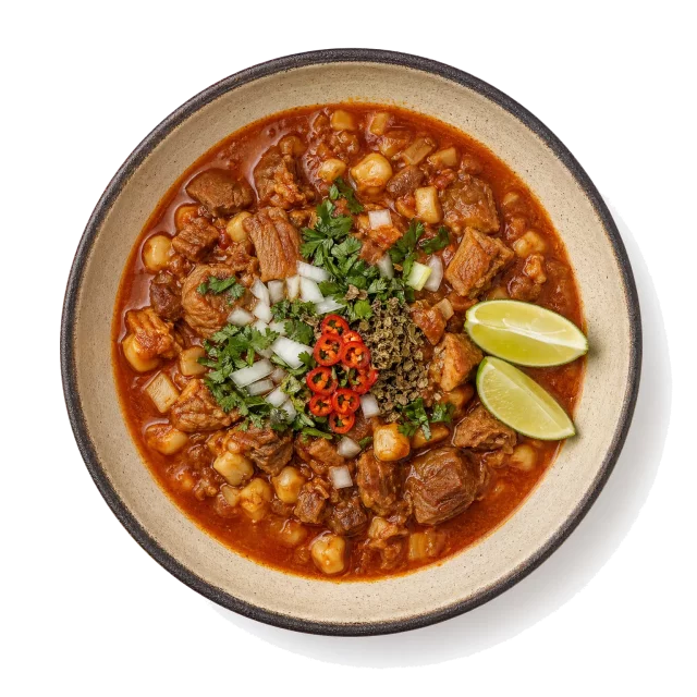 Menudo plated with beef, chili, oregano