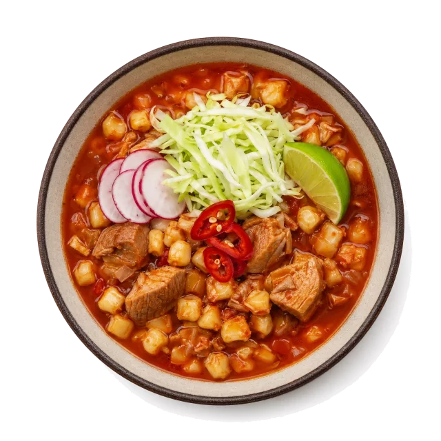Pozole plated with corn, pork, cabbage