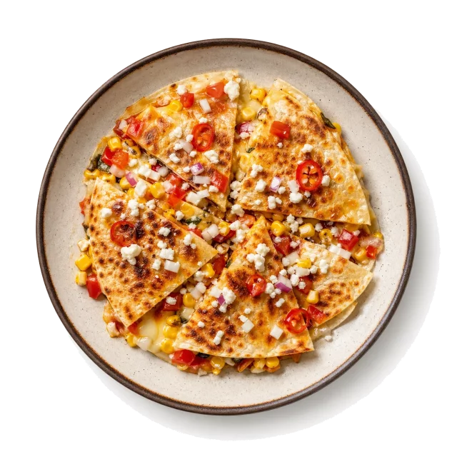 Quesadillas plated with corn tortilla, queso fresco, chili