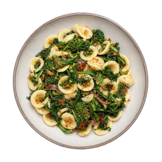 Orecchiette con cime di rapa on stoneware bowl with Anchovy, Bread Crumbs, Broccoli Rabe