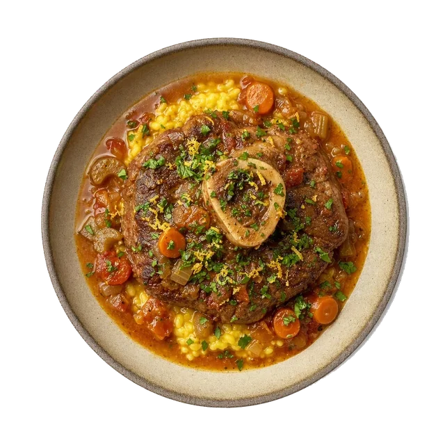 Ossobuco alla Milanese on stoneware bowl with Beef Broth, Carrot, Celery