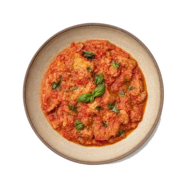Pappa al Pomodoro on stoneware bowl with Basil, Bread, Broth