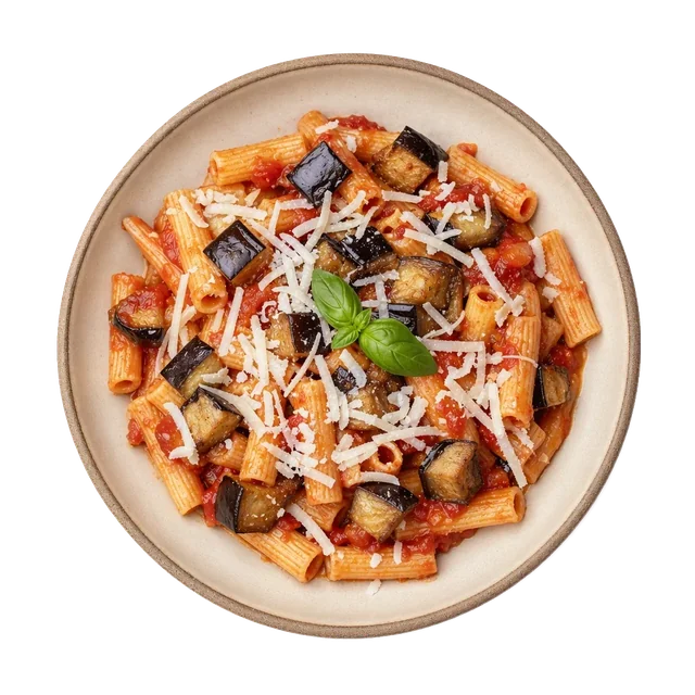 Pasta alla Norma on stoneware bowl with Basil, Eggplant, Garlic