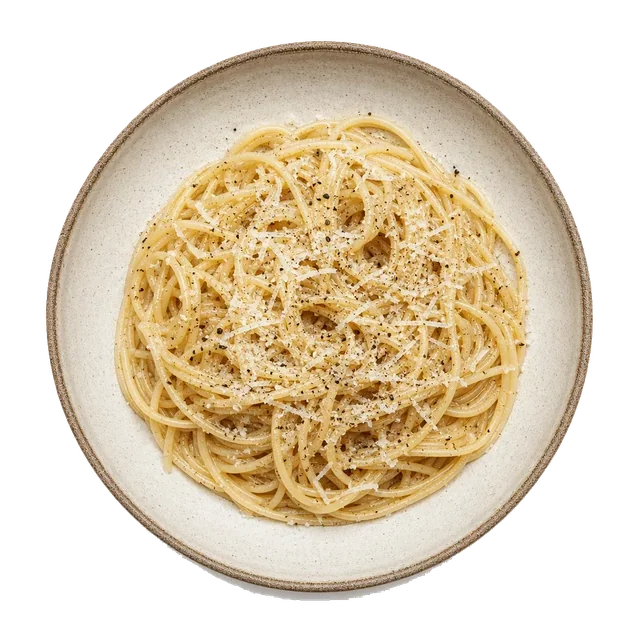 Pasta Cacio e Pepe on stoneware bowl with Black pepper, pecorino, Spaghetti