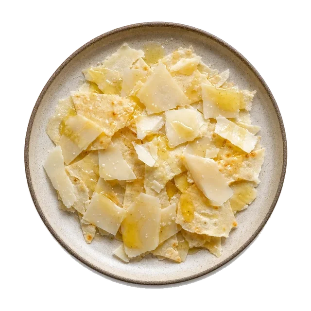 Pecorino sardo e pan carasau on stoneware bowl with Honey, Olive Oil, Pan Carasau