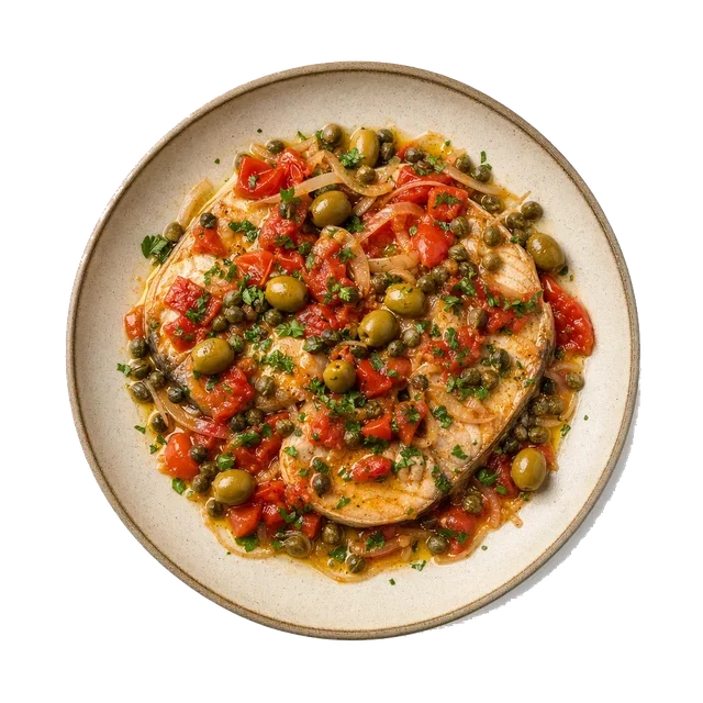 Pesce spada alla Siciliana on stoneware bowl with Caper, Olive, Olive Oil
