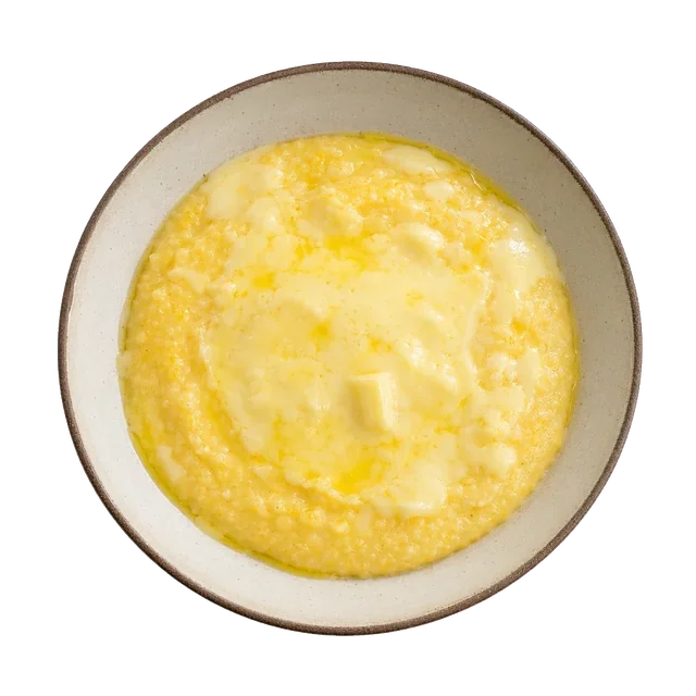 Polenta alla Valdostana on stoneware bowl with Butter, Fontina, Milk