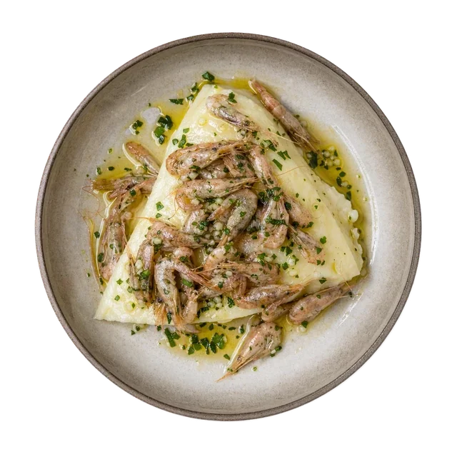 Polenta e schie on stoneware bowl with Garlic, Olive Oil, Parsley