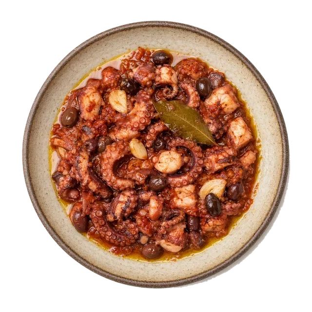 Polpo alla pignata on stoneware bowl with Bay Leaf, Garlic, Octopus