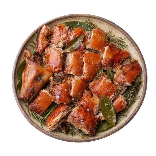 Porceddu on stoneware bowl with Bay Leaf, Myrtle, Rosemary