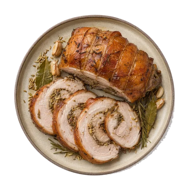 Porchetta on stoneware bowl with Bay Leaf, Fennel, Garlic