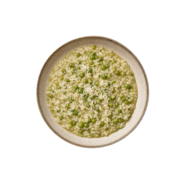 Risi e bisi on stoneware bowl with Broth, Butter, Onion