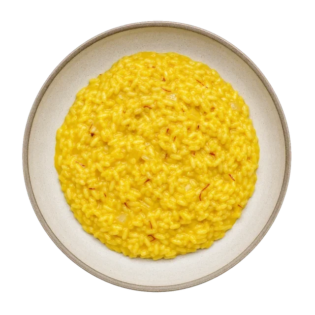 Risotto alla Milanese on stoneware bowl with Beef Broth, Butter, Onion