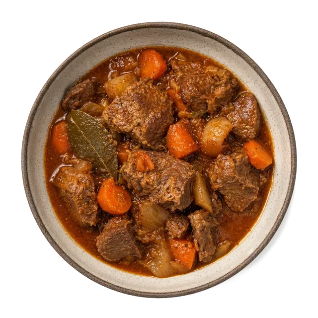 Spezzatino di pecora on stoneware bowl with Bay Leaf, Carrot, Mutton