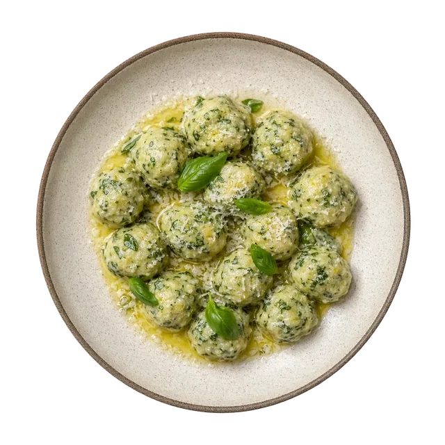 Strangolapreti Alla Potentina on stoneware bowl with Basil, Egg, Flour