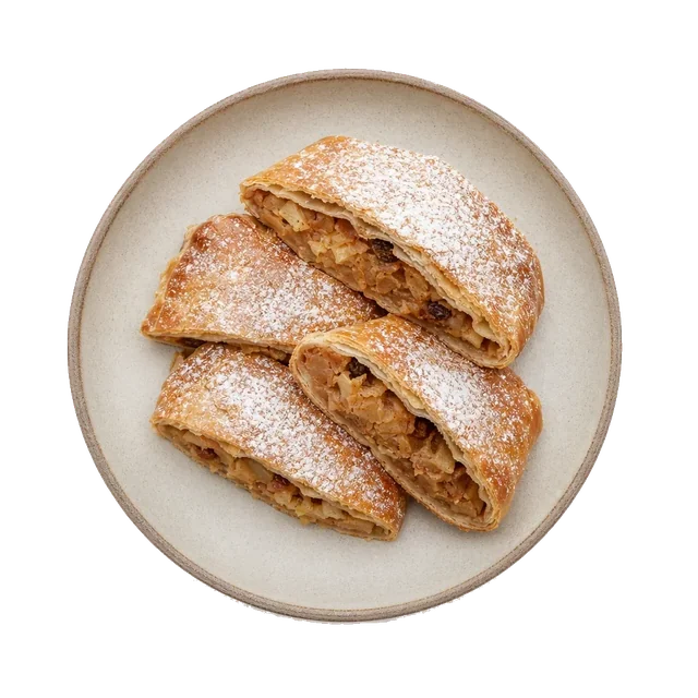 Strudel on stoneware bowl with Apple, Bread Crumbs, Butter