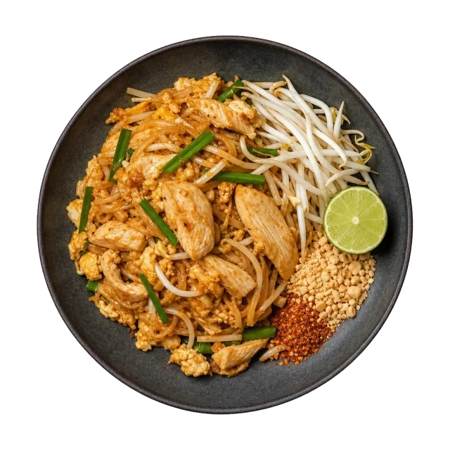 Chicken pad thai, plated