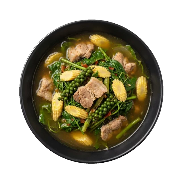 Jungle Curry: a fiery green-brown clear Thai curry with pork, wild vegetables, baby corn and green peppe