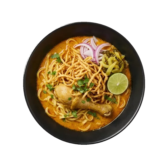 Khao Soi: a Northern Thai yellow curry noodle soup with boiled egg noodles in coconut-curry broth, t