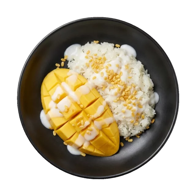 Mango Sticky Rice: Thai mango sticky rice: half a ripe yellow mango sliced into a fan beside a mound of white