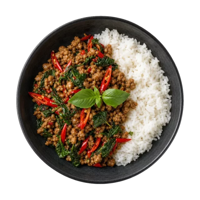 Pad kra pao moo, plated