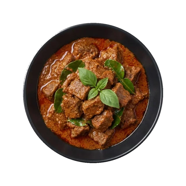 Panang Curry: a thick red-brown Thai curry with beef or chicken in a creamy peanut-coconut sauce, kaffir
