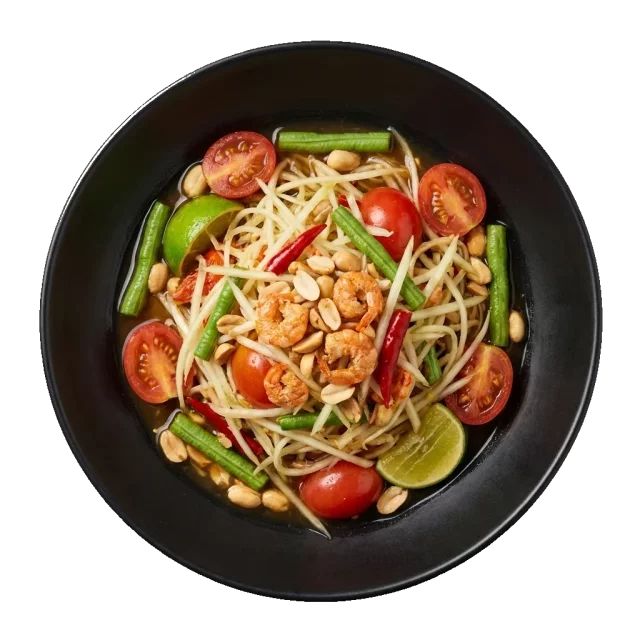 Som Tam: Thai green papaya salad: shredded unripe green papaya, cherry tomatoes, long beans, peanut