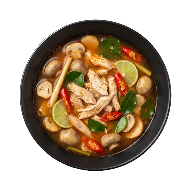 Tom Yum: a spicy and sour Thai clear soup with chicken, mushrooms, lemongrass, galangal, kaffir lim
