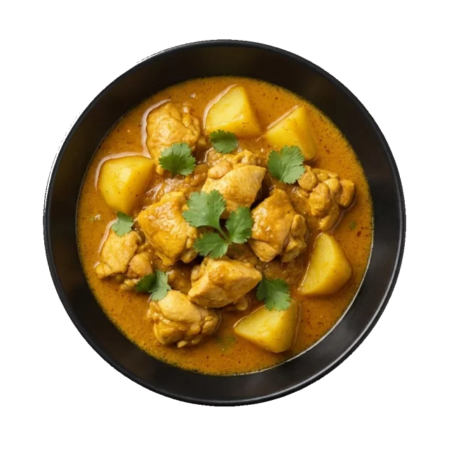 Yellow Curry: a mellow yellow Thai coconut curry with chicken and potatoes, turmeric-tinted sauce