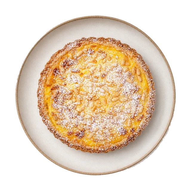 Torta Della Nonna on stoneware bowl with Almond, Butter, Custard