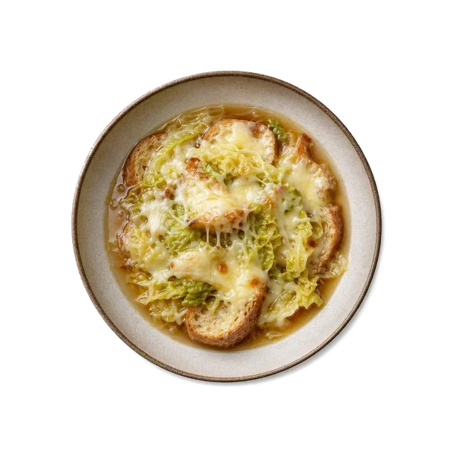 Zuppa alla Valdostana on stoneware bowl with Beef Broth, Bread, Butter