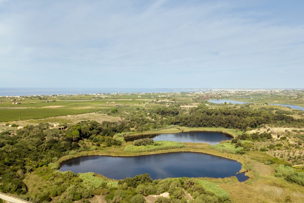 Aerial view of two round lakes ringed by reeds and scrub in the nature reserve beside Tenuta Gorghi Tondi, with vineyards and the sea behind.