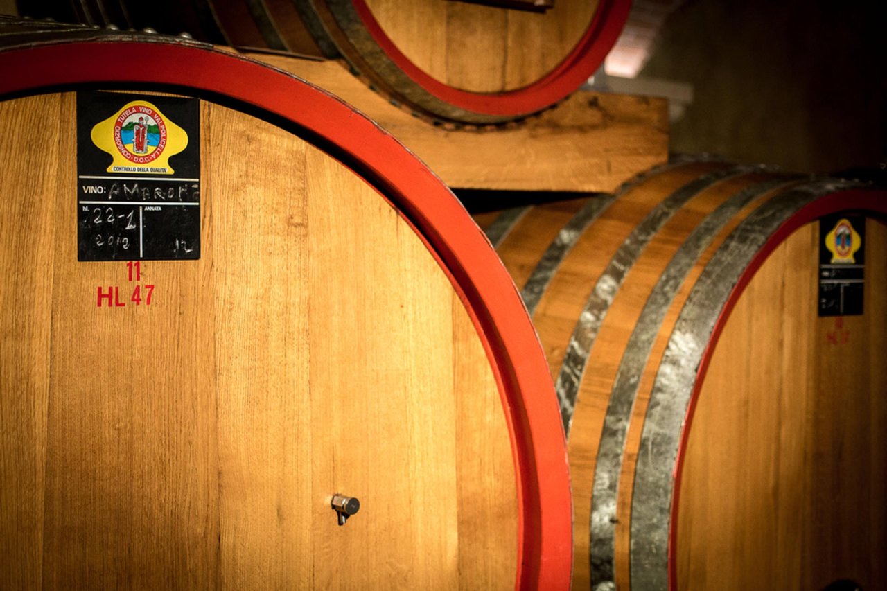Large red-hooped oak casks in the Brunelli cellar