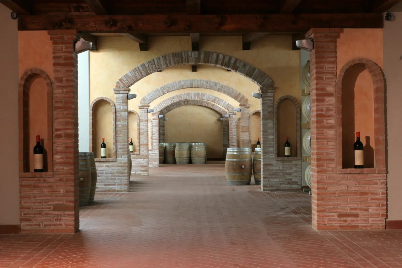 The brick-arched barrel cellar at Agricola Punica, lit from the far end