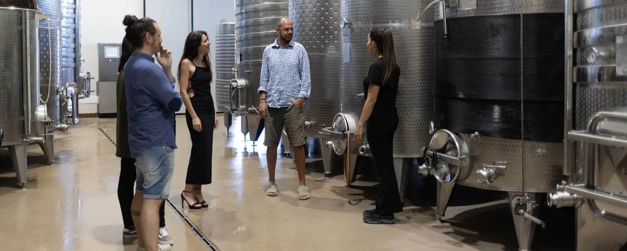 A guide in black talks to a small group among the steel fermentation tanks at Tenuta Di Vaira.