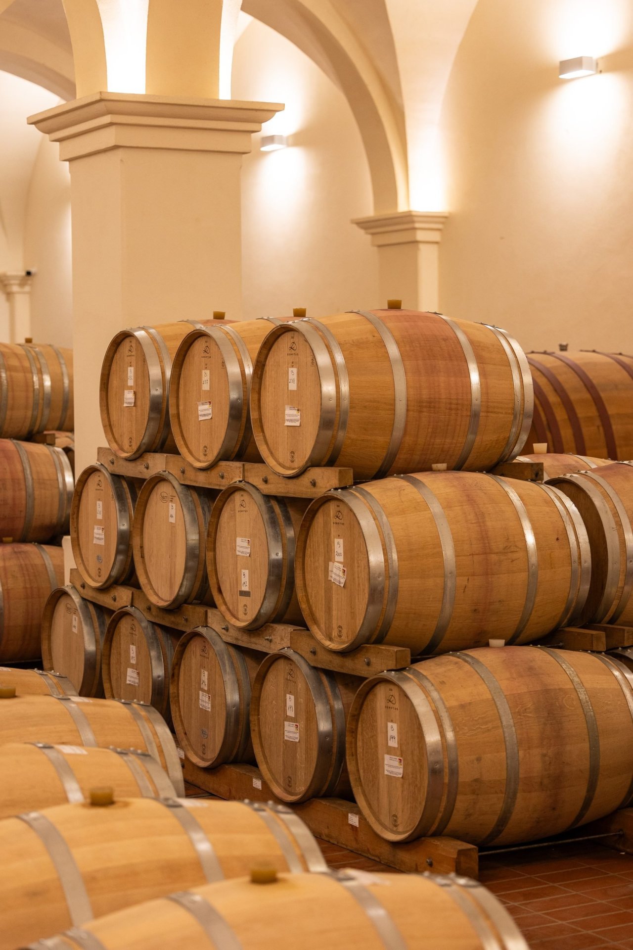 Oak barrels stacked three high under the vaulted ceiling of the Tenuta Gorghi Tondi cellar.