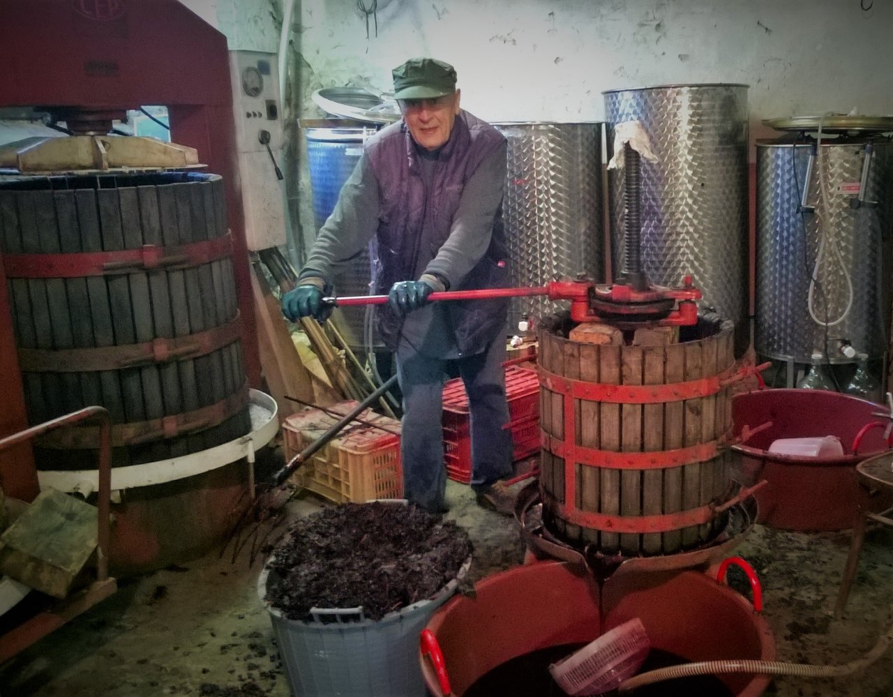 A man pressing grapes in an old wooden basket press beside steel tanks, in a Villa Oppi photograph