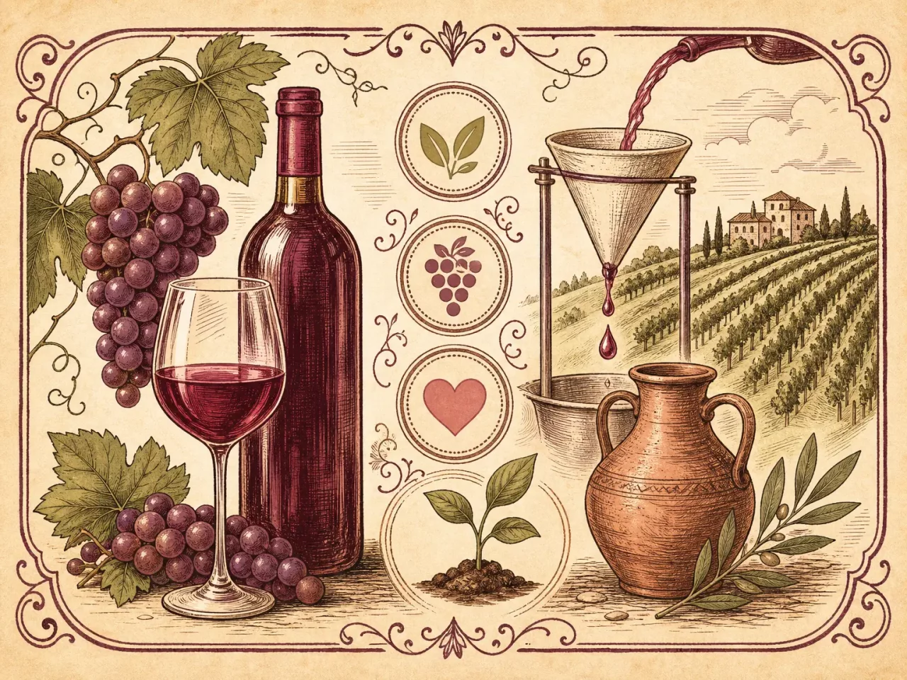 Hand-drawn vegan wine guide with bottle, glass, grapes, plant icon, filtration funnel, and vineyard