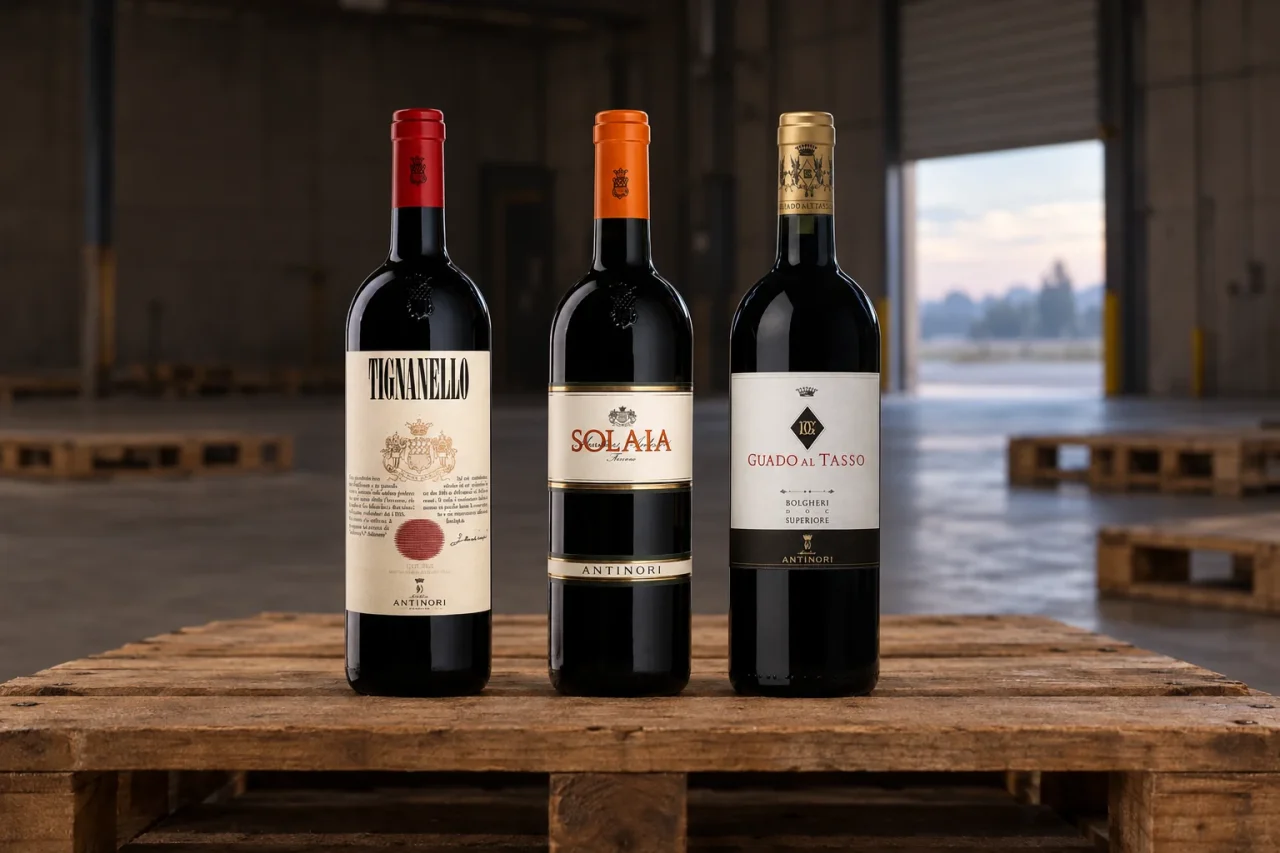 Bottles of Tignanello, Solaia and Guado al Tasso on an empty pallet in a warehouse