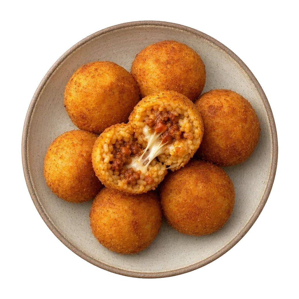 Arancini on stoneware bowl with Bread Crumbs, Egg, mozzarella