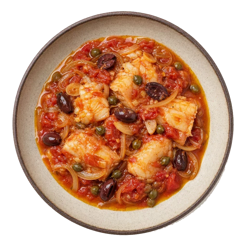 Baccala a Ciuredda on stoneware bowl with Caper, Garlic, Olive